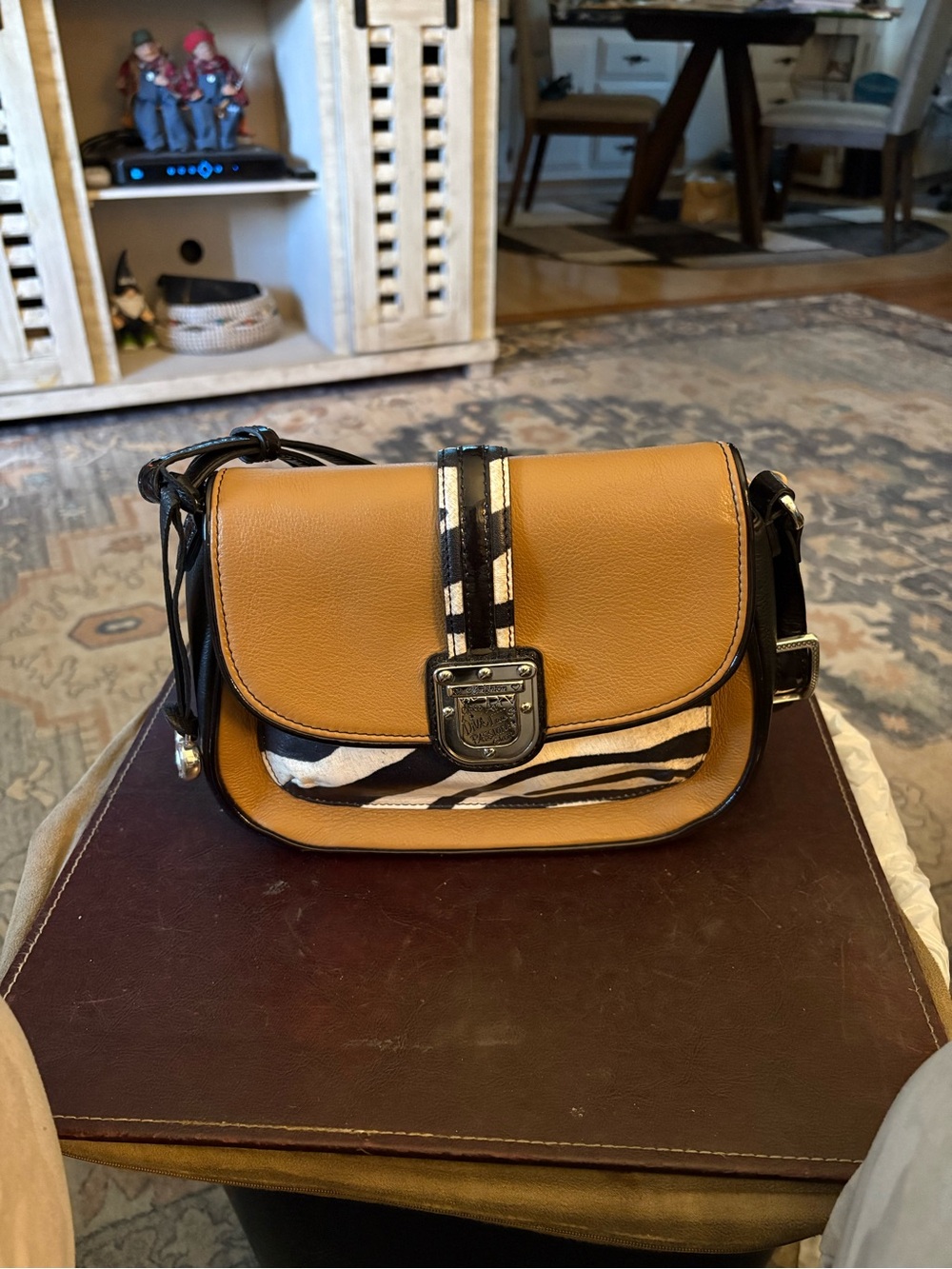 Brighton Tan Crossbody Leather Saddle Bag with Zebra Accent